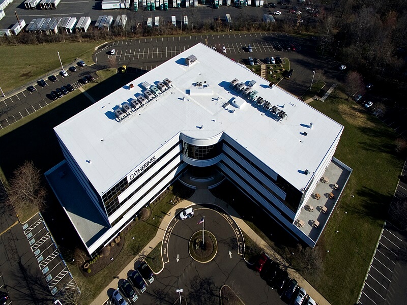 an aerial view of a large building that says Catherines